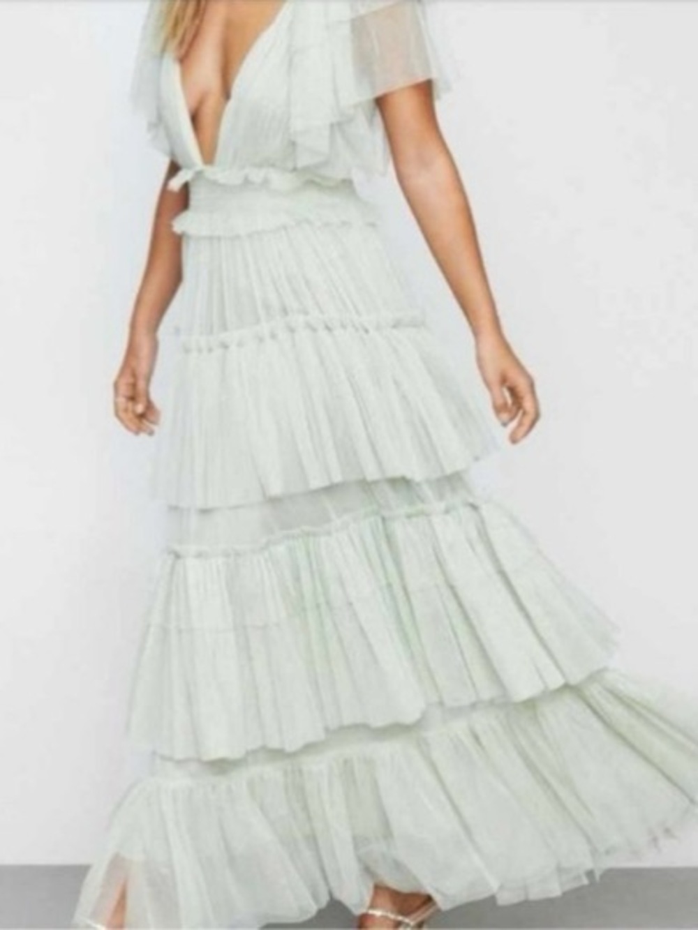 Plunging V-Neck Tiered Maxi Dress - Light Mint